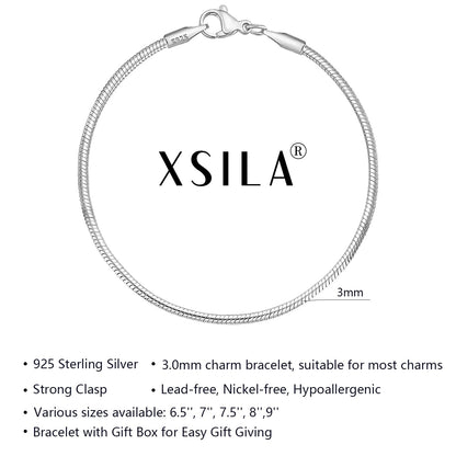 XSILA Charm Bracelet for Women 925 Sterling Silver Charm Snake Chain Bracelets Jewelry (Silver 7.5 inch)