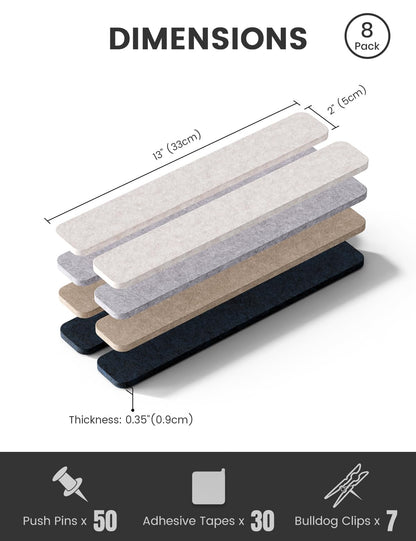 Fluxynara Cork Board Alternative Felt Strip Board 8-Pack 13"x2", Office Pin Board with 50 Push Pins, Adhesive Install for Bedroom Door & Home Office (Nordic Slate)