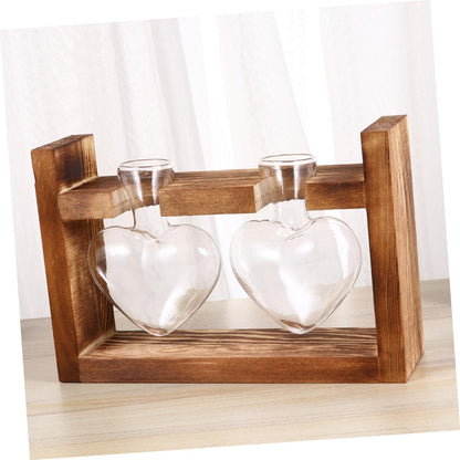 Ciieeo 2Pcs Heart Shaped Glass Hydroponics Planter with Retro Wooden Rack Temperature Resistant Vase for Flower Arrangement and Indoor Plant Propagation Decorative Terrarium for Home