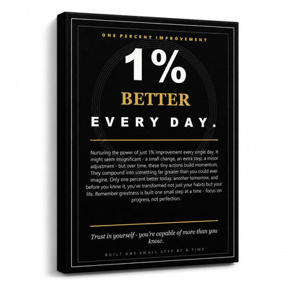 PJQART Inspirational Posters for Office 1 Percent Improvement Quote Wall Art, Black Gold Canvas Poster for Home Office Dorm Classroom, Single Panel Framed Decor 24x18 Inch
