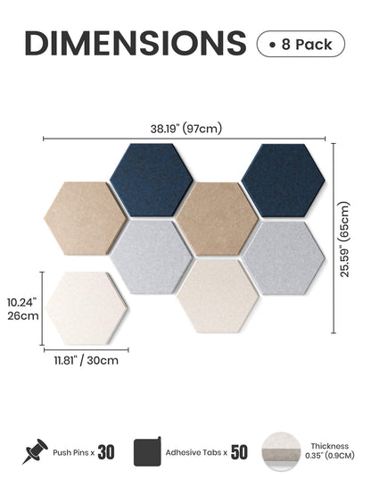 Fluxynara Hexagon Cork Board Alternative for Walls Decor-8-Pack Felt Bulletin Board Tiles,with 30 Pushpins,50 Adhesive Tabs for Office,Classrooms & Home Pin Board Felt Board-Nordic Slate
