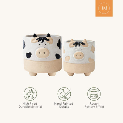 LA JOLIE MUSE Ceramic Animal Succulent Plant Pots - 5.7 + 4.4 Inch Cute Cow Shaped Half Glazed Rough Pottery Indoor Planters for Flower Cactus, Home Decor Gifts for Mom