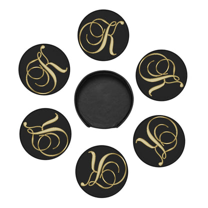 Famame 6 Pcs Letter K Alphabet Gold Print Leather Coasters for Drinks with Holder Coaster Sets Drink Table Cup Coasters for Living Room Kitchen Coffee Decor