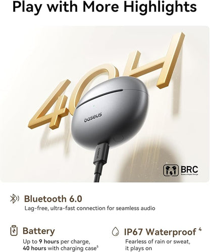 Baseus Bowie MC1 Pro Open Ear Clip-On Headphones, Hi-Res LDAC & HiFi4 Acoustic Sound, 5g Ultra-Lightweight Comfort, SuperBass 2.0, DNN 4-Mic AI Clear Calls, IP67 Waterproof, Bluetooth 6.0