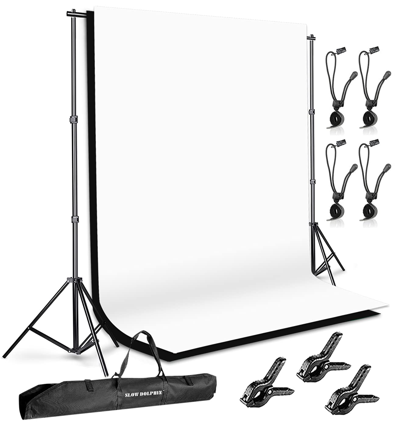 SLOW DOLPHIN Photo Background Support System with Backdrop Stand Kit, 100% Pure Muslin 6.5 Ft x 10 Ft (White/Black) Backdrop,Clamp, Carry Bag for Photography Video Studio