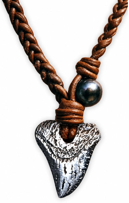 WanderTribes Shark Tooth Silver Plated Necklace Pendant Authentic Leather Cord, Adjustable Premium Pearl Pendant, Handmade Silver Jewelry, Designed Necklace for Men & Women, Jewelry Gifts