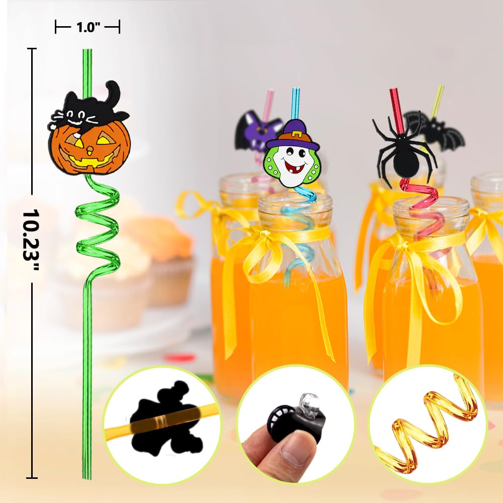 MEAXUR 24pcs Halloween Party Favors Bat Pumpkin Ghost Cat Witch Spider Ghost Pattern Reusable Straws Party Gift Halloween Party Supplies with 2 Cleaning Brushes 8 Color.