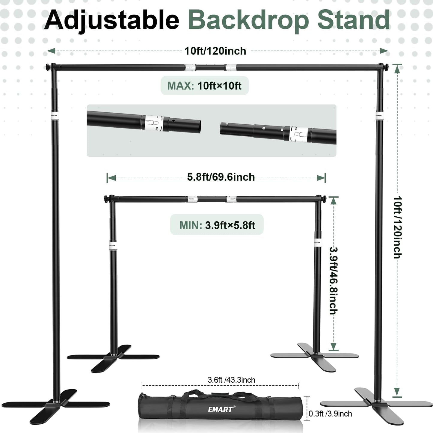 EMART Pipe and Drape Backdrop Stand Kit 10x10ft, Heavy Duty Back Drop Adjustable Stand with X-Shaped Base, Metal Background Frame for Parties Wedding Birthday Decoration Photography Photo Booth Video
