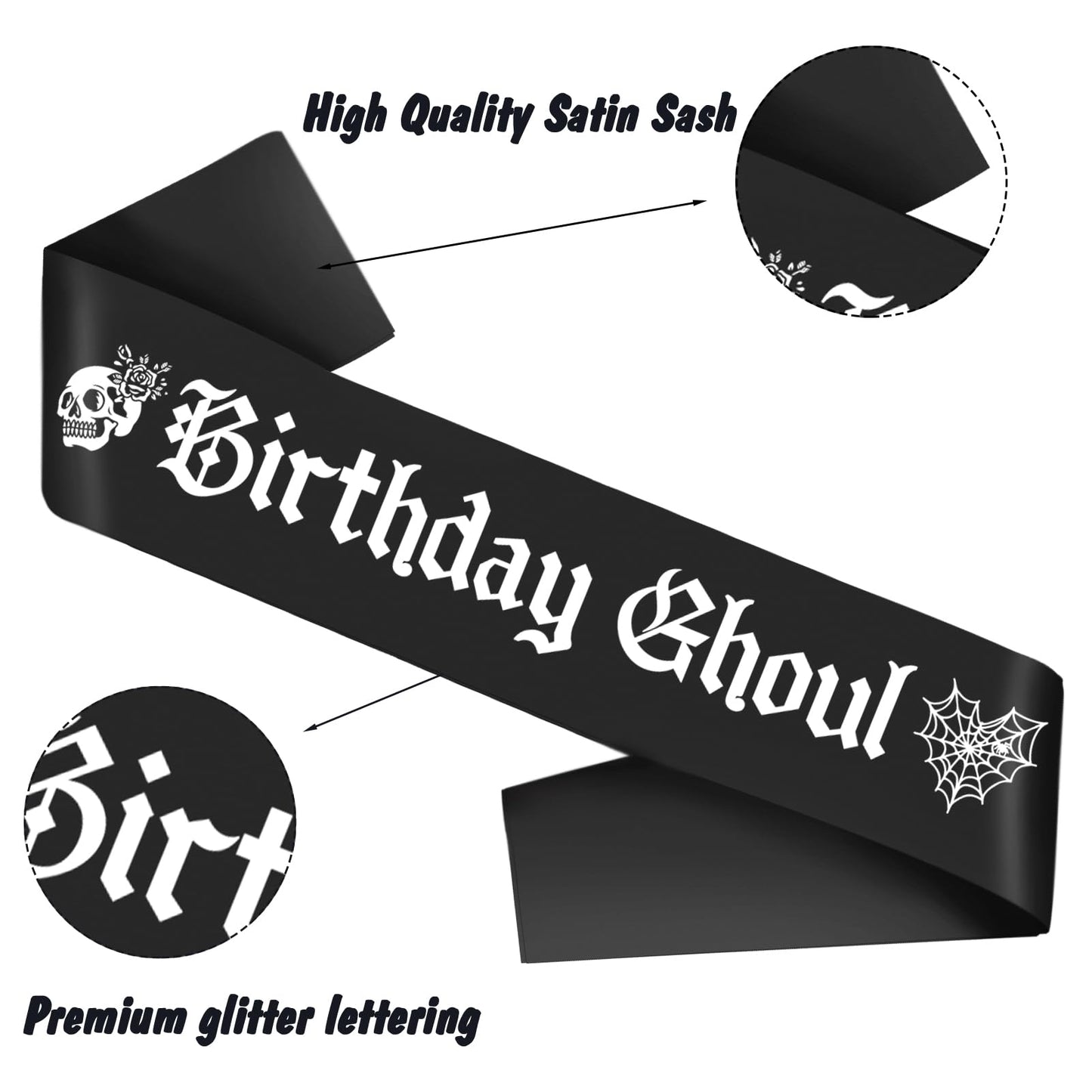 Black Birthday Ghoul Sash with White Glitter Printing Letters - Halloween Birthday Decorations，Glitter Cloth Goth Sash, Halloween Bhday Decorations