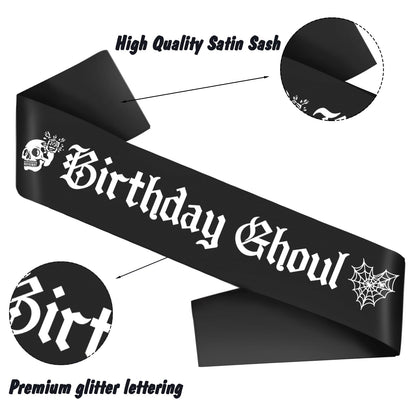Black Birthday Ghoul Sash with White Glitter Printing Letters - Halloween Birthday Decorations，Glitter Cloth Goth Sash, Halloween Bhday Decorations