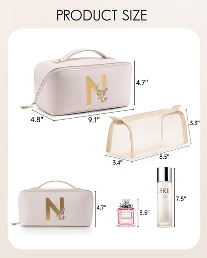 VLANDO Gift Ideas for Women,Large Makeup Storage Bag,Birthday Gifts for Girls,Travel Toiletry Bag Skincare Bag for Women Girlfriend Wife Bridesmaid Teenage(Letter N)