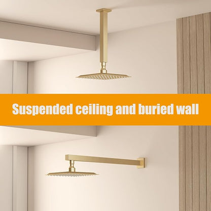 BESy 8 Inch Rain Shower Head, 8" Square Rainfall & High Pressure Stainless Steel Bath Showerhead, 1/16" Ultra Thin, Waterfall Full Body Coverage with Silicone Nozzle, Brushed Gold