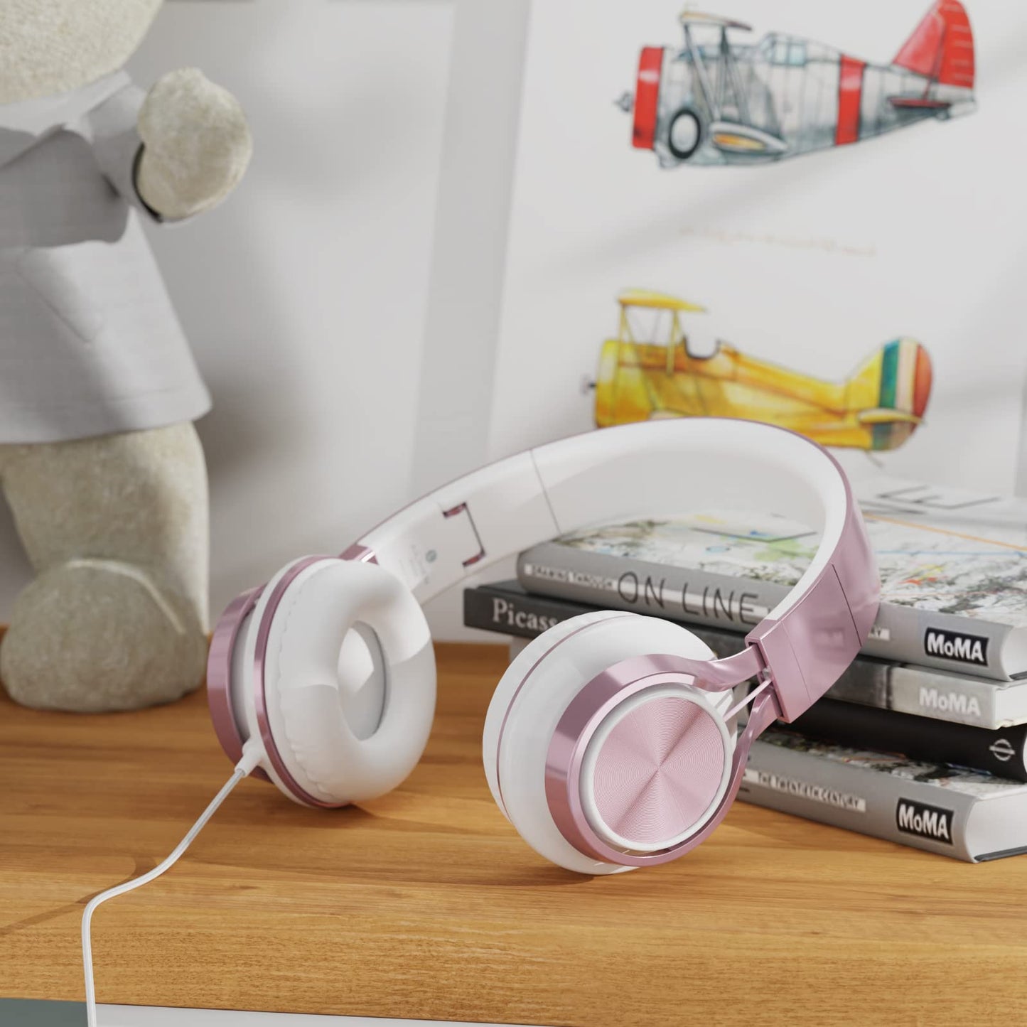 AILIHEN Wired Headphones with Mic, Girls Headphones for School, On-Ear Headsets for Chromebook Laptop Computer, Foldable Adjustable Teen Kids, Plug in Corded Headsets with 3.5mm Jack (Rose Gold)