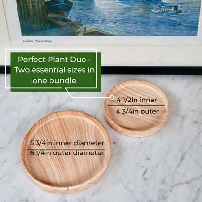 Ceramic Plant Saucer | Plant Trays for Indoors | Drip Tray | Plant Pot Saucers (4.5in + 5.75in, Wooden Grain)