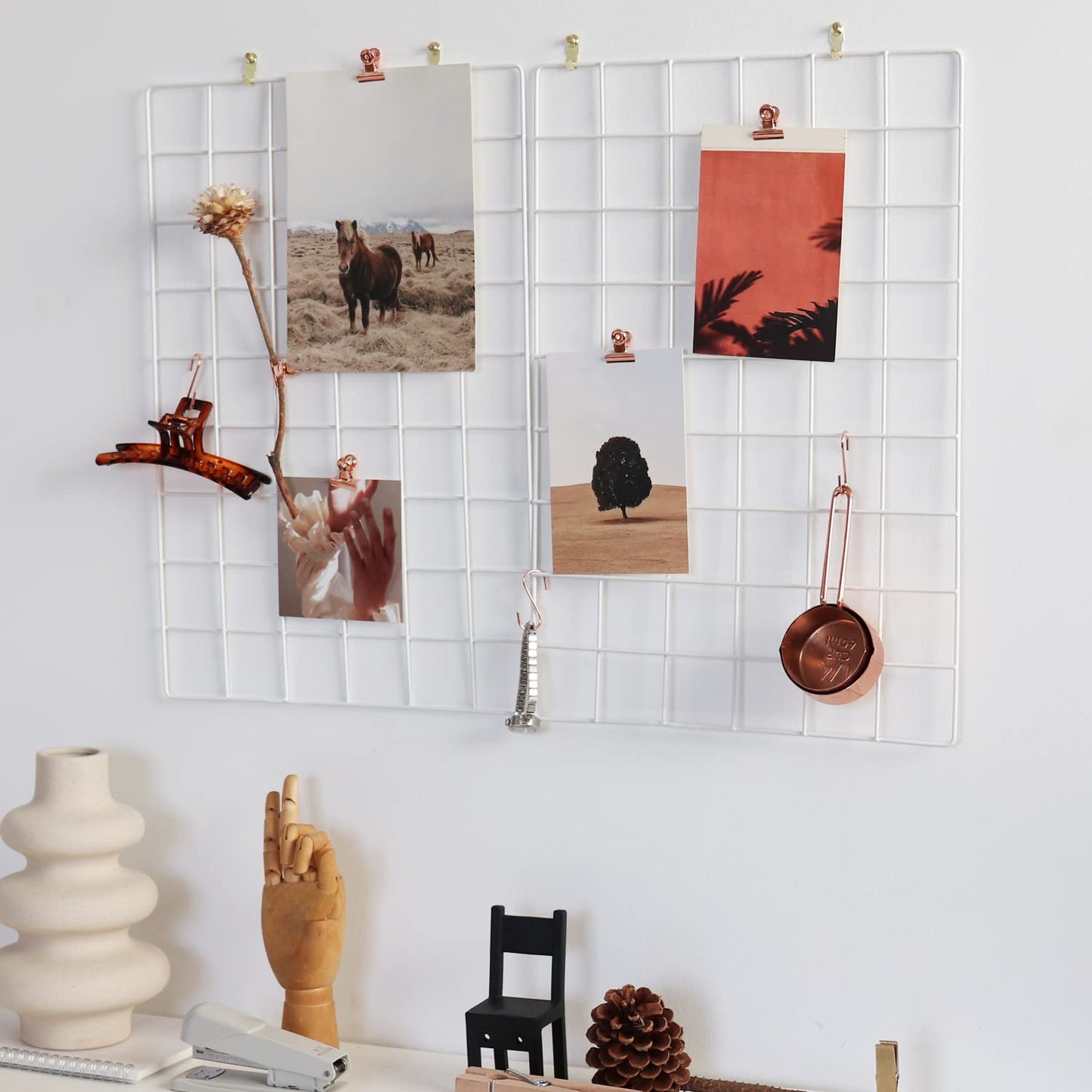 FRIADE Wall Grid Panel for Photo Display,Wall Storage Organizer,5 Metal Clips & 3 S Hooks & 4 Nails & 4 Plastic Hanging Buckles and 4 Screws Offered,Size 17.5" x 11.8",Set of 2 (White)