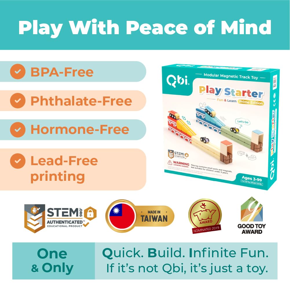 QBI Magnetic Blocks Play Starter Set – STEM Magnet Building Toys for Kids Ages 3-5, 4-in-1 Race Car Track with 4 Cars & 2 Ramps, Birthday Gift (36 PCS)
