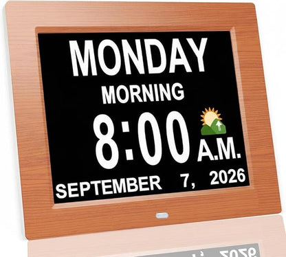 JALL 8" Large Digital Calendar Day Clock for Seniors 2026 - Easy to Read Alzheimer's Dementia Memory Loss Clock for Elderly with IPS Wide Angle，Day & Date, 12 Custom Alarms & Auto-Dimming, Wood