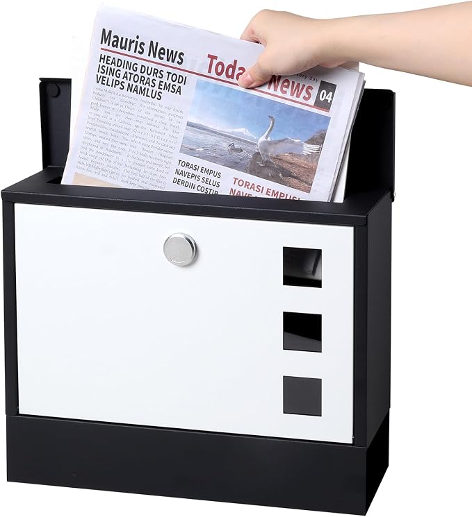 Locking Mailbox Wall Mounted Vertical– Jssmst mailboxes with Key Lock and Newspaper Compartment, Key Lock Drop Box Large Capacity, 14.3 x 3.8 x 11.8 Inch, White，SM-HPB911WN