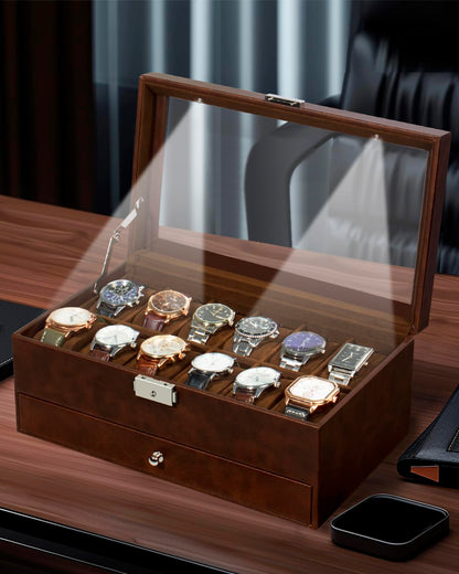 GUKA Watch Box 12 Slot Watch Display Organizer Leather Jewelry Case Drawer Glass Birthday for Men Women, Child Husband Dad GK-012-BROWN-LED-24