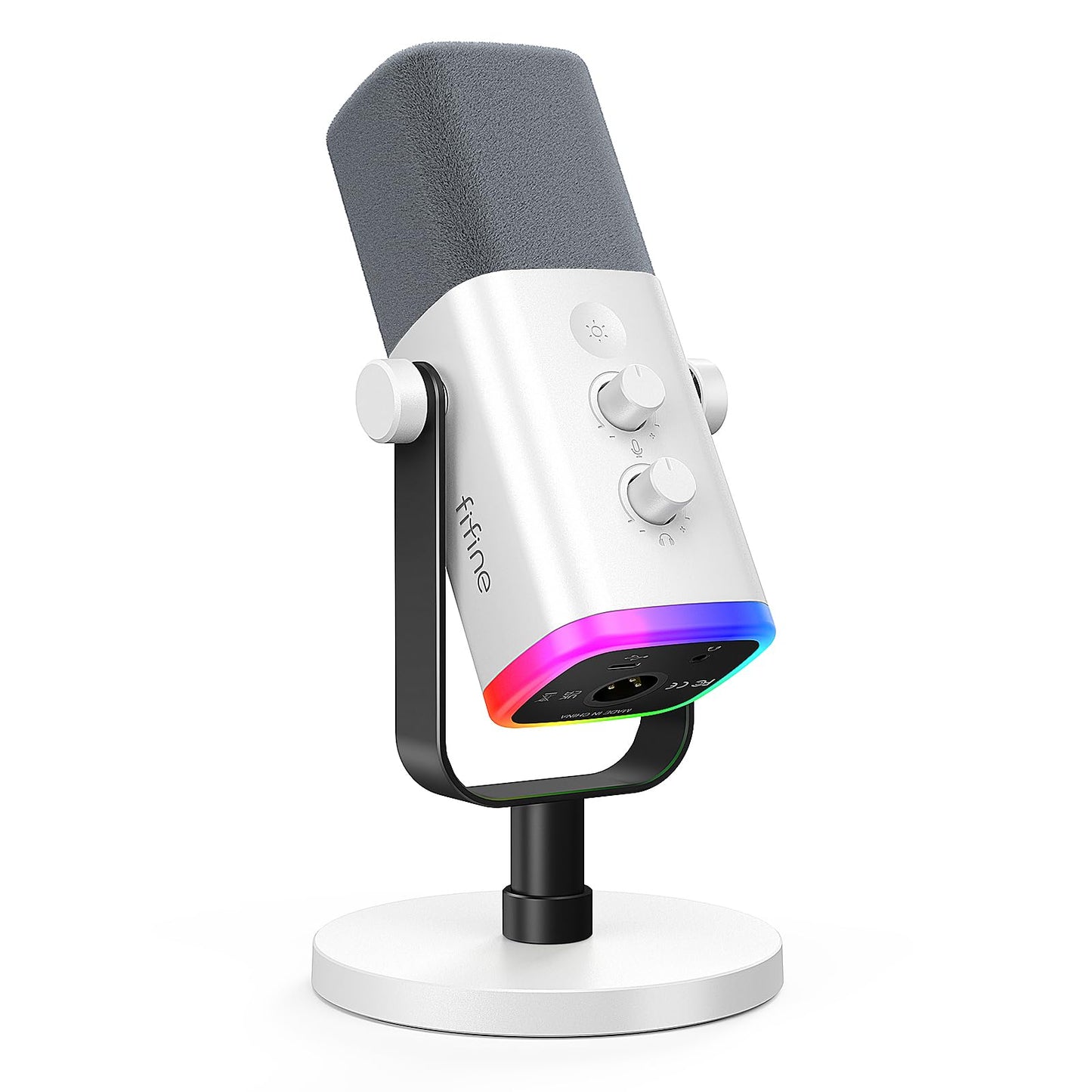 FIFINE XLR/USB Gaming Microphone for Streaming Podcasting, PC Computer RGB Mic, with Gain Knob, Mute Button, Monitoring Jack, Gamer Mic for Recording Video Creation-AmpliGame AM8 White