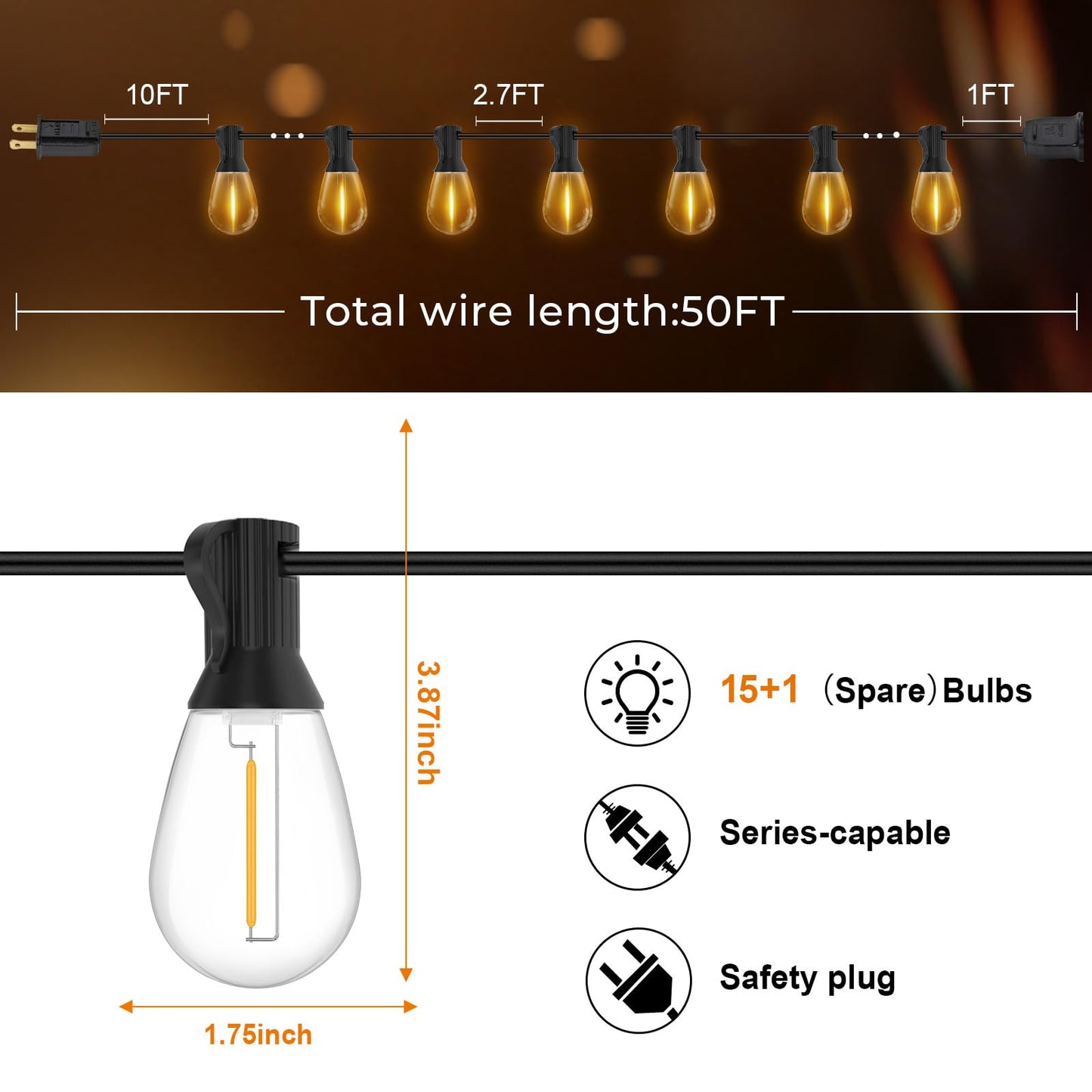 GvvooHome 50FT LED Outdoor String Lights with 16 Shatterproof Waterproof Replaceable Bulbs(1 Spare), 2700K Commercial Grade Patio Lights, Outside Hanging Light for Yard Garden Porch Deck Decor