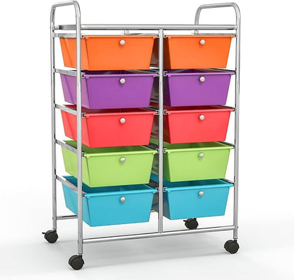 Giantex 10 Drawers Rolling Cart, Classroom Organizers, Storage Cart with Wheels, for Teacher Office Home School Supplies Tool Craft Art Paper, Rainbow Color