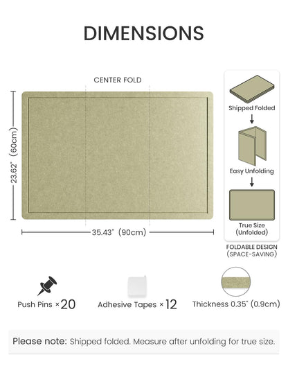 Fluxynara Bulletin Board,35.4" x 23.6" Cork Board Alternative with 12 Safe Removable Adhesive Tabs, Foldable Felt Pin Board for Home Office, Classroom, Bedroom,Entryway for Walls—Olive Green