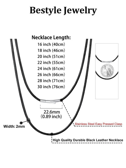 Bestyle 3MM Black Leather Necklace for Men Women,Waterproof Wax Woven Rope Chain with Stainless Steel Clasp, Leather Cord Necklace for Pendants 30"