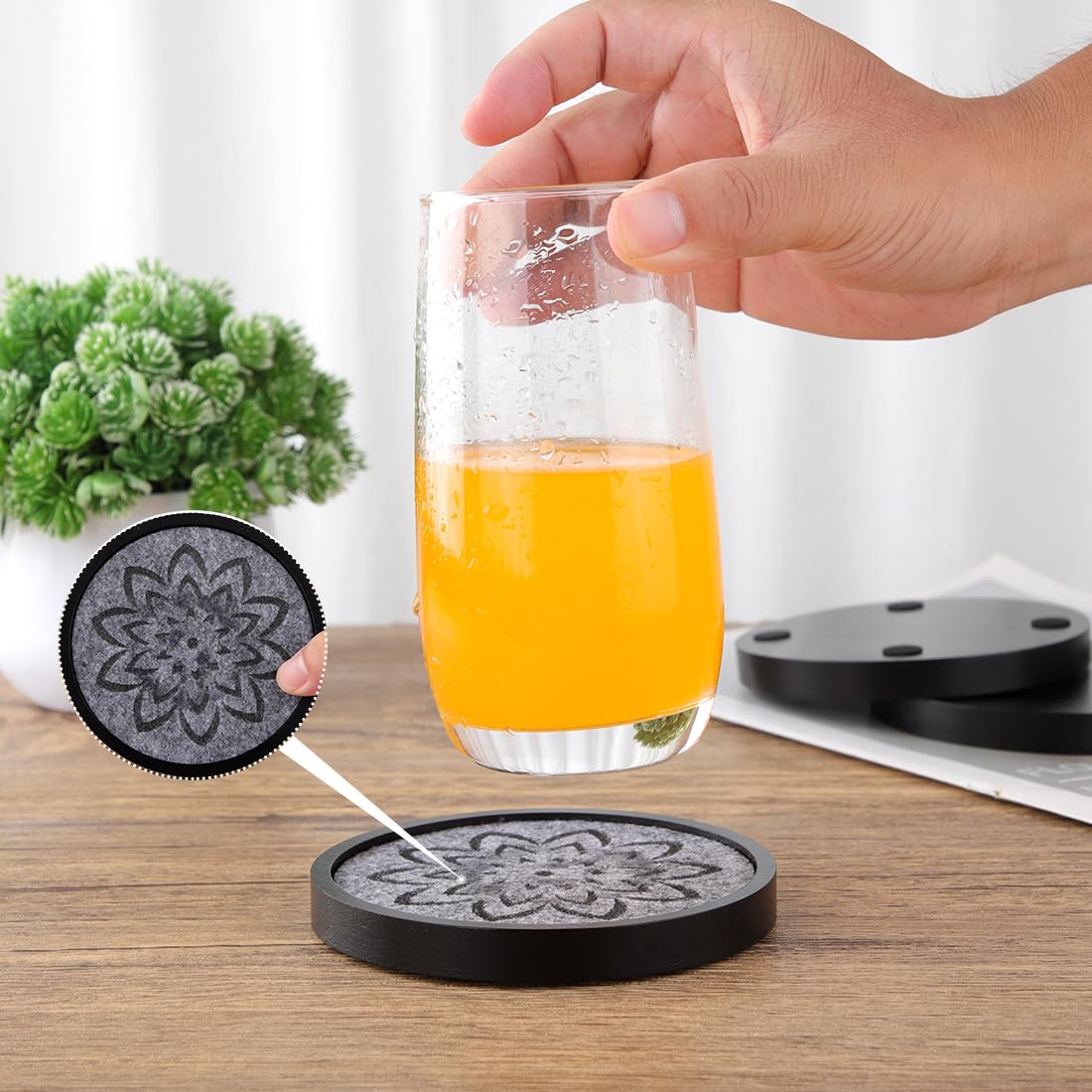 LiWiBet Elegant Black Wood Coasters with Gray Felt & Holder Non Stick, Absorbent Drink Coasters Set of 6 4.33in Rustic Wooden Coaster for Coffee Tabletop Protection Suitable for Kinds of Cups