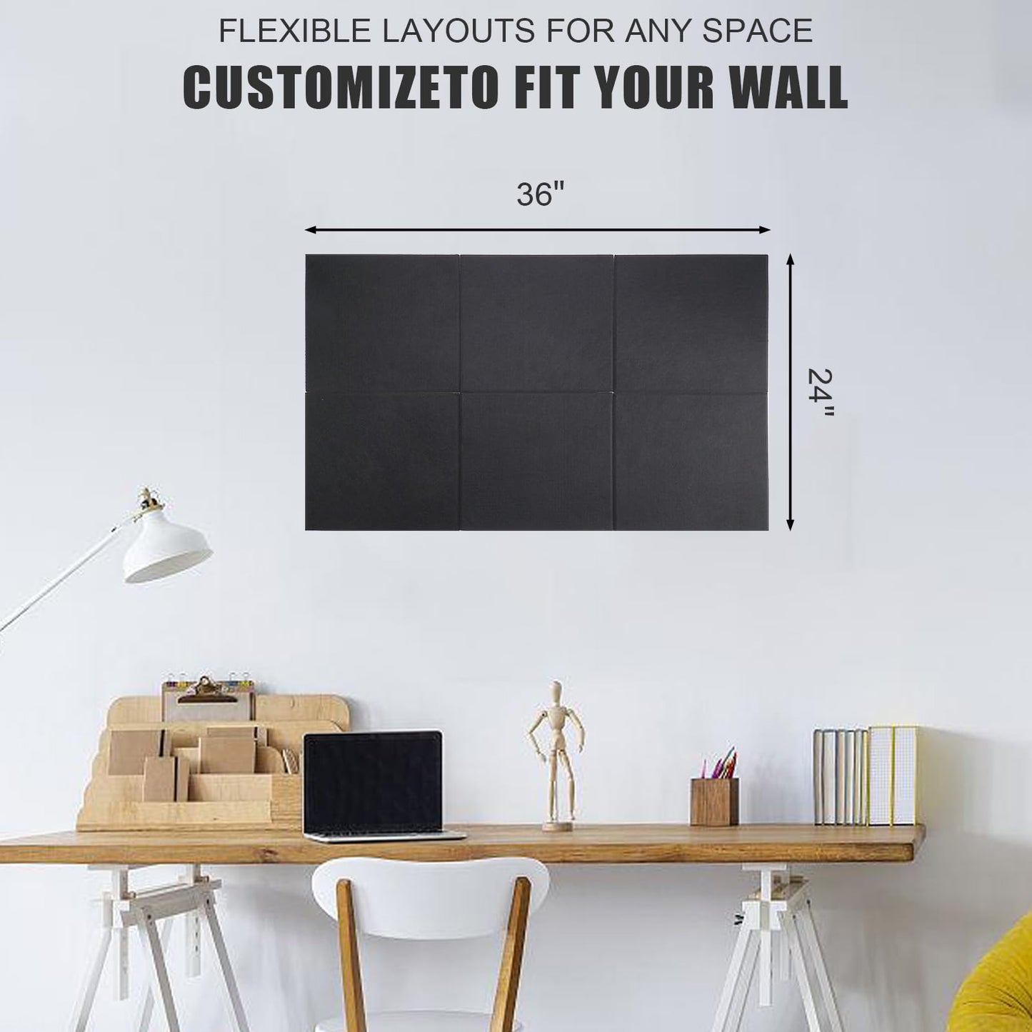 Large Cork Board Alternative 36" X 24" Bulletin Board - 6 Pack Removable Felt Wall Tiles with 15 pushpins, Large Cork Boards for Walls Cork Board for Office Pin Board Tack Board - Black