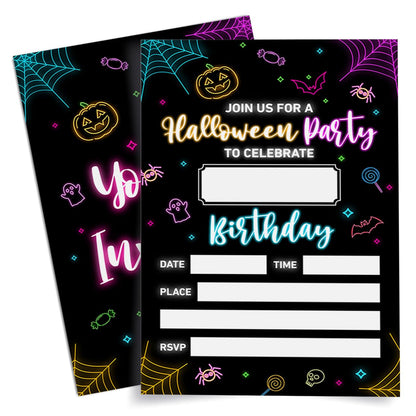 20 Kid Neon Glow Halloween Birthday Party Invitations with Envelopes