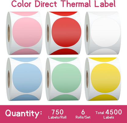 6 Rolls 2 Inch 6-Color Assorted Circle Direct Thermal Stickers Labels, Self-Adhesive Round Direct Thermal Labels for Business, DIY, Code, Name Tag, Envelope Seal - 4500 Labels