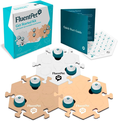 FluentPet Speak Up Get Started Kit with Clearer Upward-Facing Sound - 6 Recordable Buttons for Dogs & 3 Beige HexTiles | Dog & Cat Communication Buttons Set | with Batteries