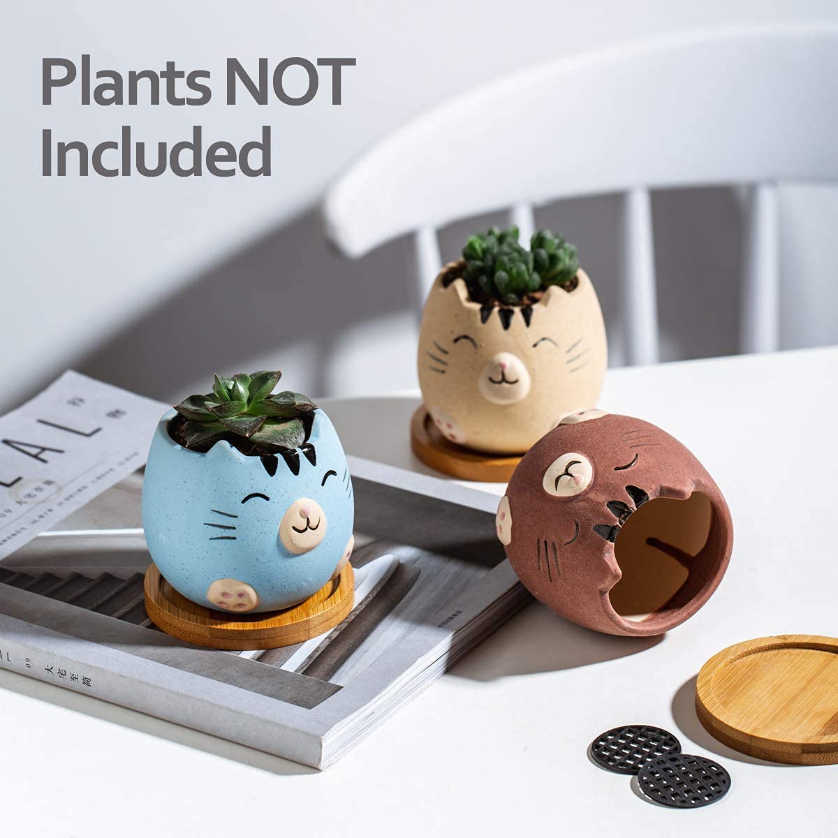 6Pack 3.4inch Small Ceramic Animal Planter Pots for Baby Succulent with Drainage and Bamboo Tray (Matte Cats)