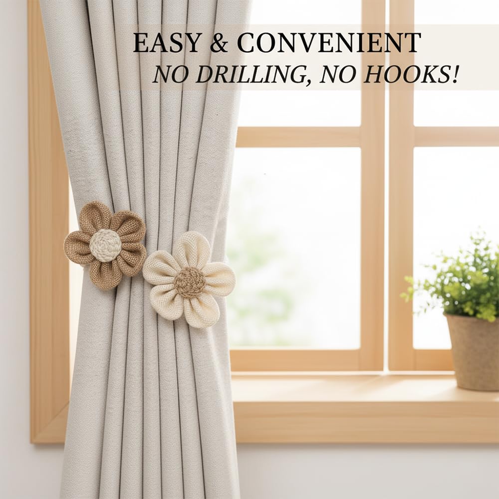 4 Pack Flower Curtain Tiebacks, Boho Decorative Curtain Ties, Elegant Burlap Holdbacks for Bedroom, Nursery, Farmhouse Decor,Tie Backs for Bedroom Decor