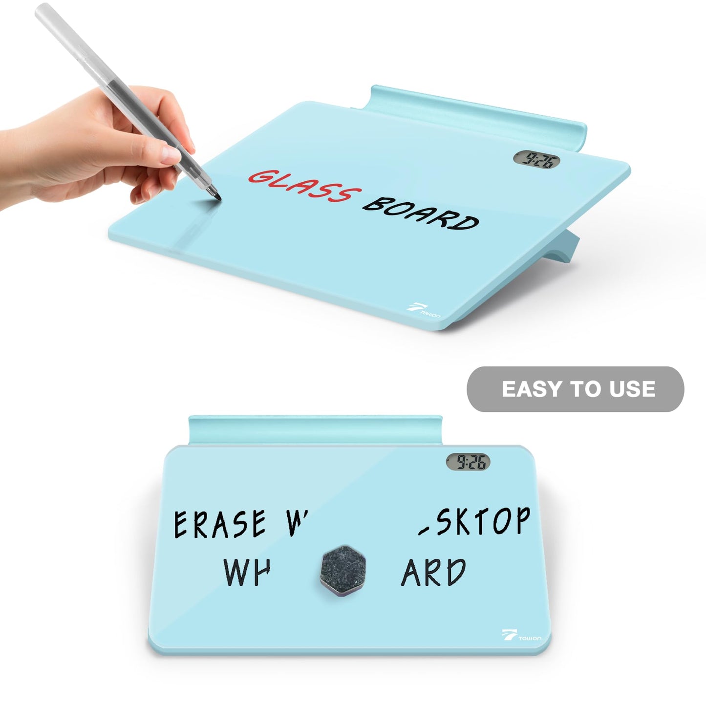 Small Glass Desk Whiteboard Dry-Erase Board with Clock, Small Travel Clock Keychain with Desk Notepad, Time Table Whiteboard for Desk Digital LED Light Display, 8x6 in with Accessories, Aqua Blue