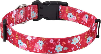 Mihqy Dog Collar with Bohemia Floral Tribal Geometric Patterns - Soft Ethnic Style Collar Adjustable for Small Medium Large Dogs(Red Flower,M)