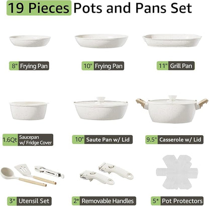 19-Piece Pots and Pans Set Non Stick, Ceramic Cookware Set with Removable Handles, PFAS-Free,Induction Compatible Dishwasher Safe,Stackable Space-Saving for Apartment or RVs