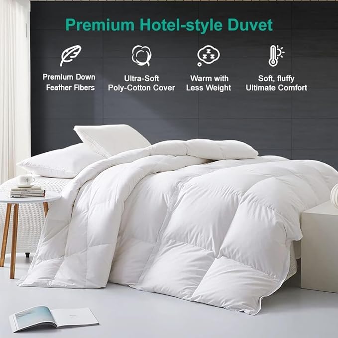 APSMILE Full/Queen Size Down Feather Fibers Duvet Insert - Ultra-Soft All Season Down Feather Fibers Comforter Hotel Collection Comforter, 46 Oz Fluffy Medium Warmth (White, 90x90)