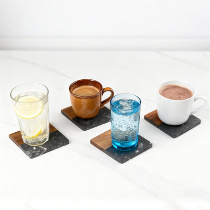Marble Coasters: 4-Piece Set of Acacia Wood Marble Coasters, Suitable for Kitchens and Offices, can be Used as Gifts (Black Square)