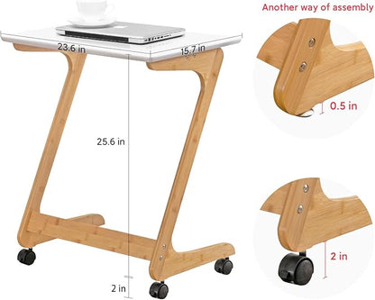 Nnewvante TV Tray, Sofa Side End Laptop Table with Wheels, Desk Snack Tray for Small Spaces Living Room and Bedroom, 23.5 Inch x 15.8 Inch (Standard with 360° Casters, Bamboo/White)