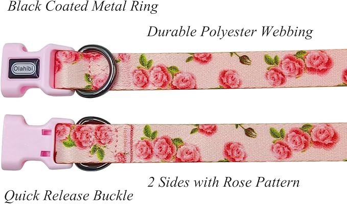 Dog Collar Leash Set, Floral Pattern, Polyester Material, Adjustable Collar and 5ft Matching Leash, for Puppy Dogs.(XS, Pink Rose)