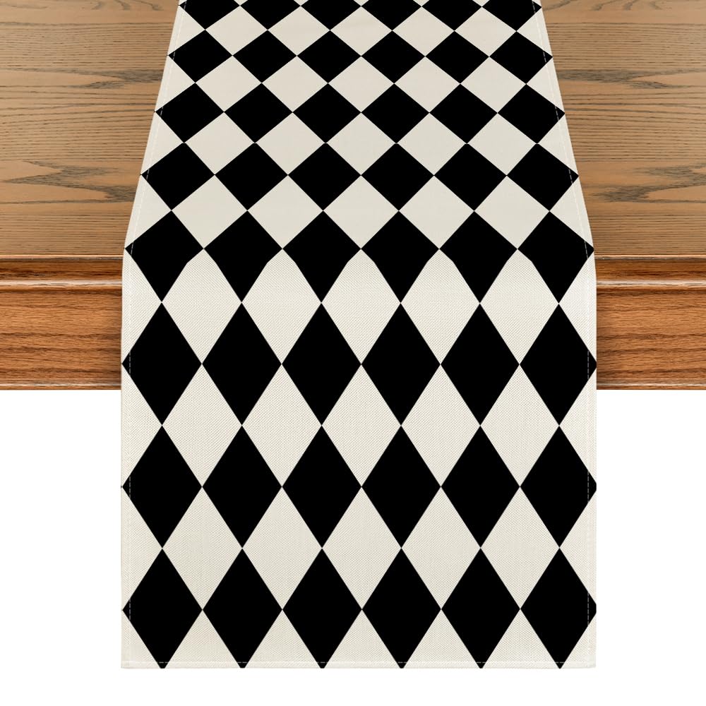 Artoid Mode Diamond Plaid Black Table Runner, Seasonal Halloween Party Kitchen Dining Table Decoration for Home Party Decor 13x90 Inch