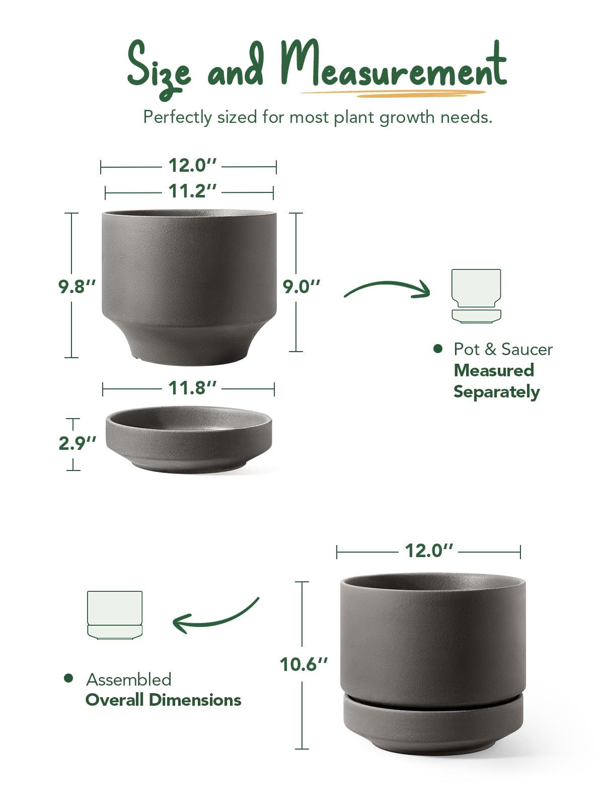 LE TAUCI 12 Inch Pot for Plants with Saucer, Ceramic Indoor Planter Pot with Drainage Hole, Mesh Pad Included, Unglazed Porous Ceramic, Modern for Home and Office, Charcoal Gray