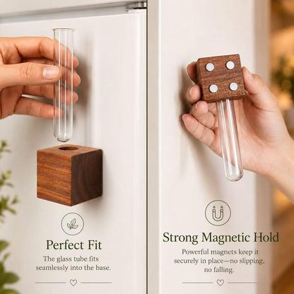 Mini Vase Magnets for Fridge,3 Sets Wooden Vase Plant Magnetic Holders with Glass Test Tube for Refrigerator Decoration Kitchen Locker Office