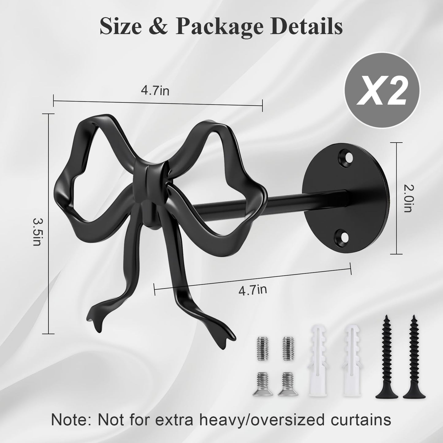 Tocemei 2 Pack Black Bow Curtain Holdbacks, Modern Matte Metal Curtain Holders for Wall,Rotatable Adjustable Angle,Elegant Bow Decor for Living Room Bedroom Home