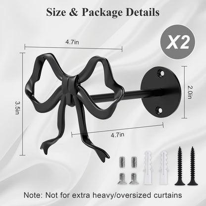Tocemei 2 Pack Black Bow Curtain Holdbacks, Modern Matte Metal Curtain Holders for Wall,Rotatable Adjustable Angle,Elegant Bow Decor for Living Room Bedroom Home