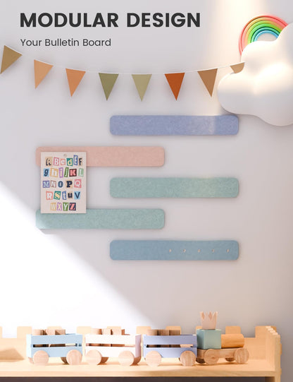 Fluxynara Cork Board Alternative Felt Strip Board 5-Pack 13"x2", Office Pin Board with 35 Push Pins, Adhesive Install for Bedroom Door & Home Office (Coastal Haze)