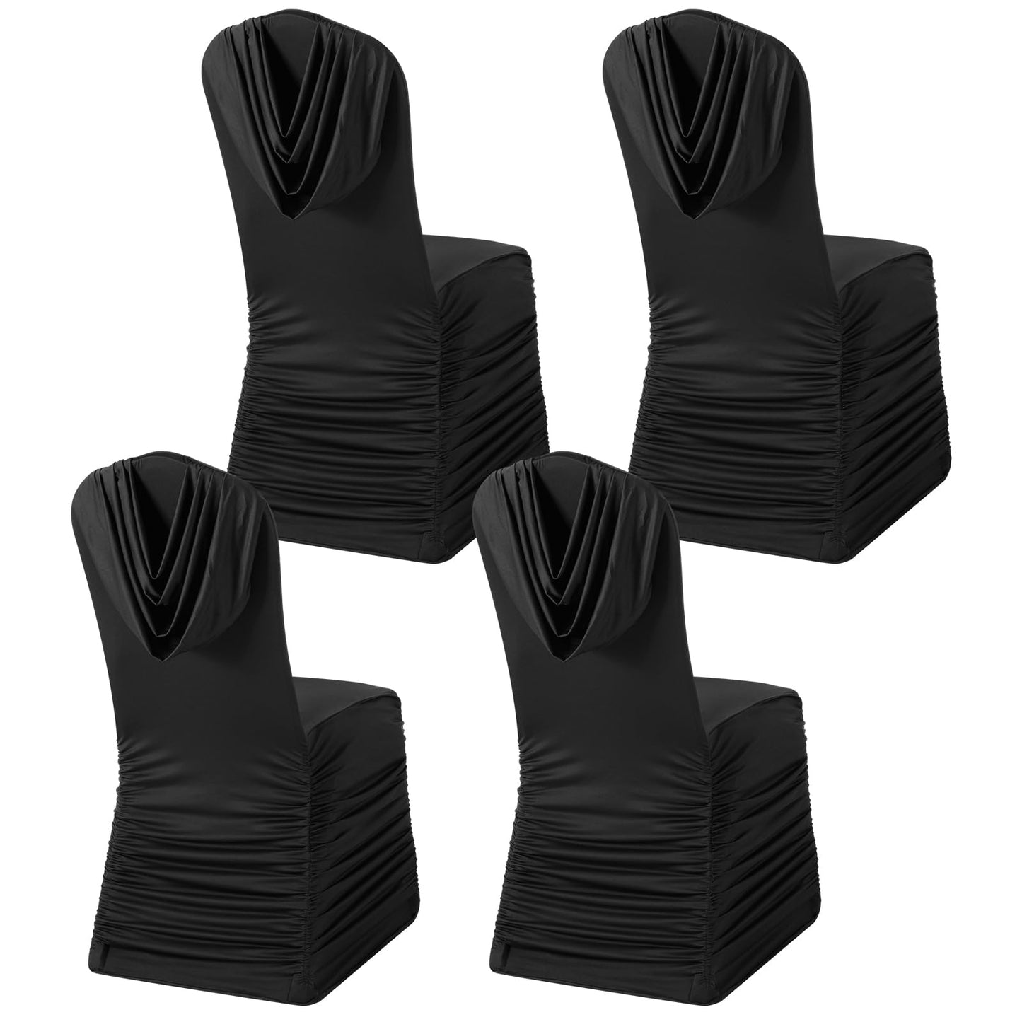 Fanfanwin 4 Pcs Black Chair Covers Ruched Swag Back Stretch Spandex Fitted Banquet Chair Covers with Foot Pockets for Wedding & Event Decor