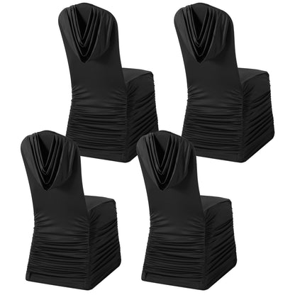 Fanfanwin 4 Pcs Black Chair Covers Ruched Swag Back Stretch Spandex Fitted Banquet Chair Covers with Foot Pockets for Wedding & Event Decor